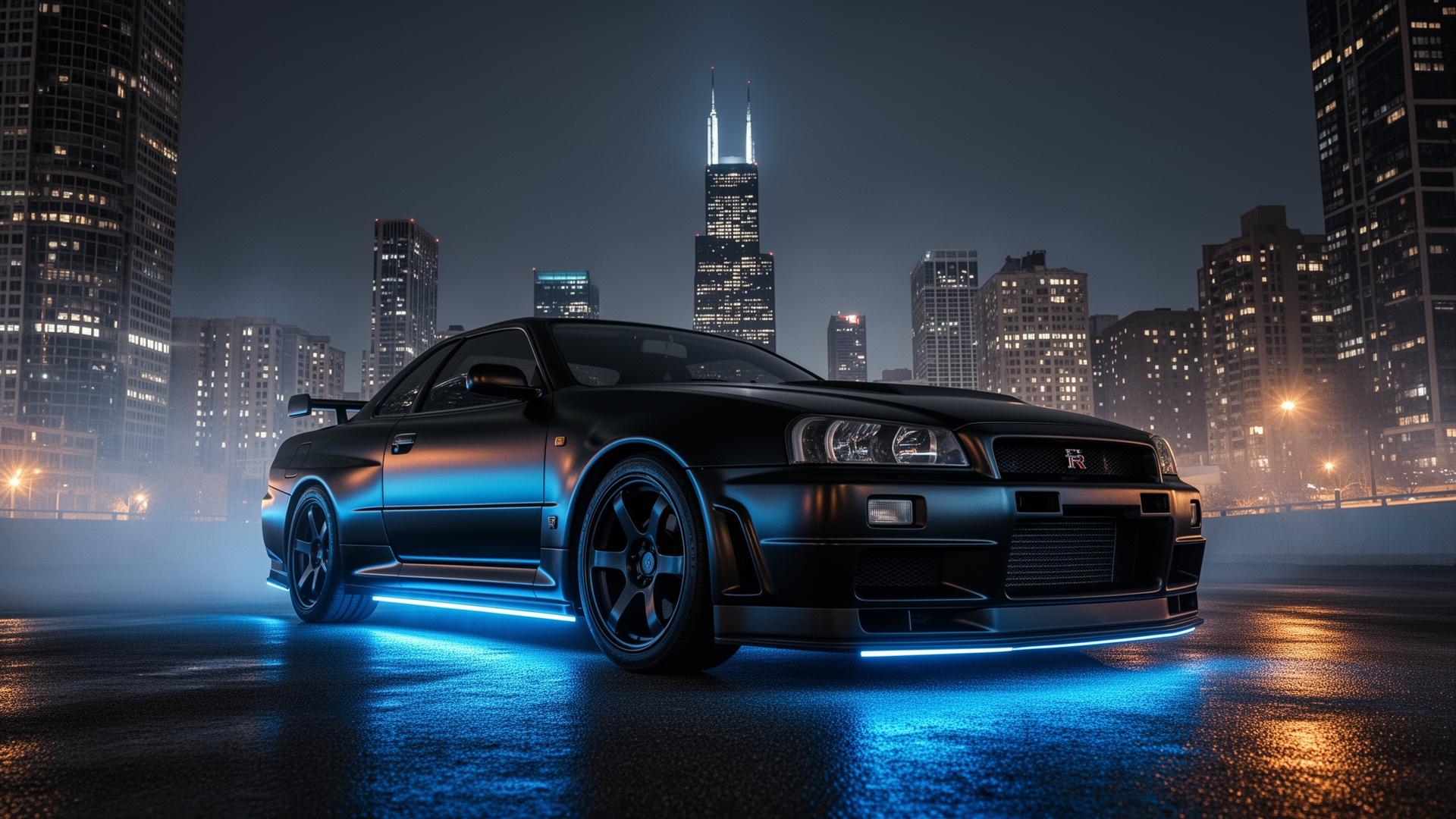 Blacked-out Nissan Skyline GT-R with Chicago skyline at night